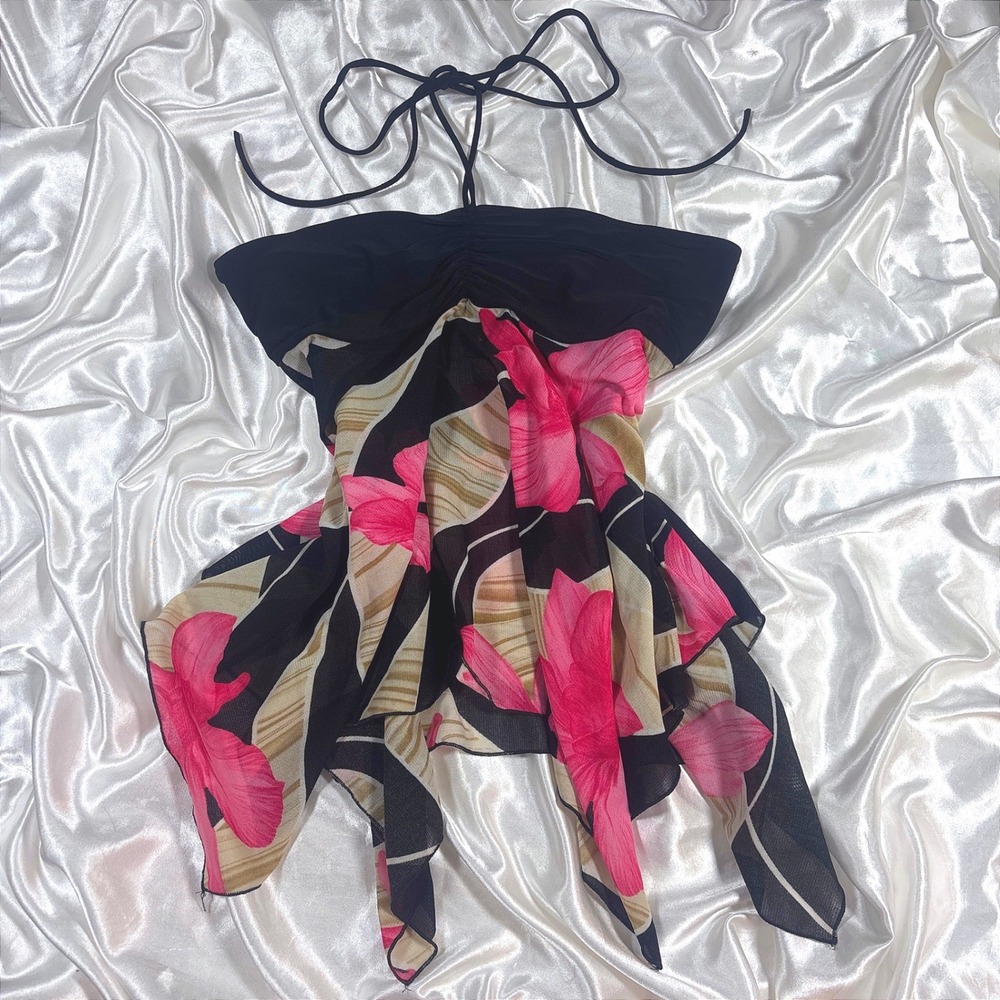y2k Halter Top Black Excellent Floral Print Handkerchief Hem De More Large